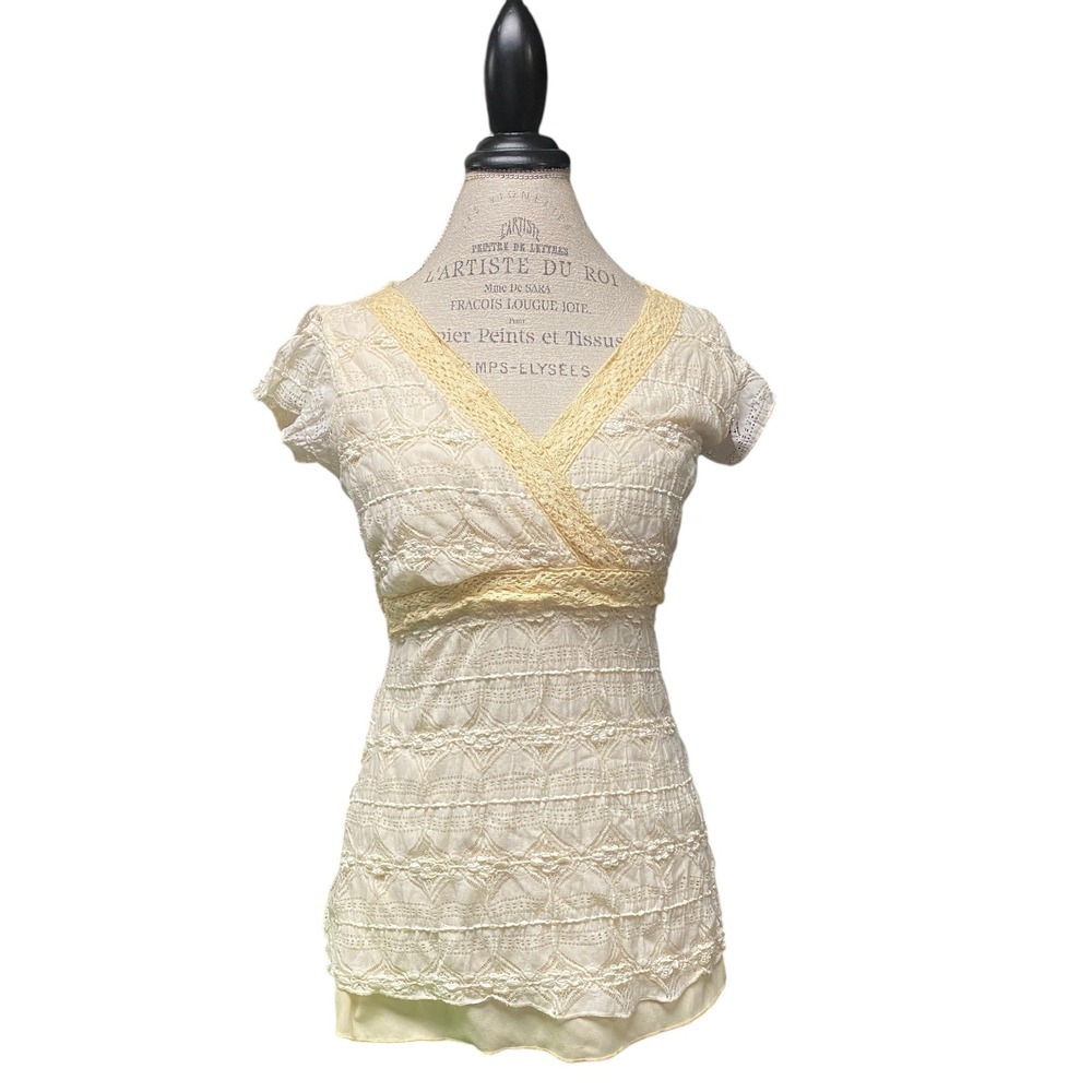 Vintage Y2K Babydoll Sheer Lace Wrap V Neck Short Sleeve Tie Waist Blouse FLAWED